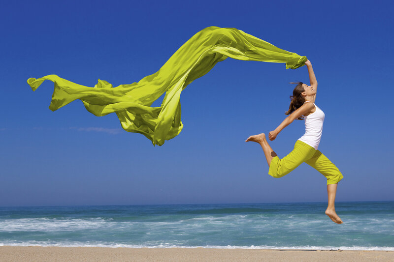 Woman Jumping on Beach — Blue, Energetic, Afternoon, Photograph