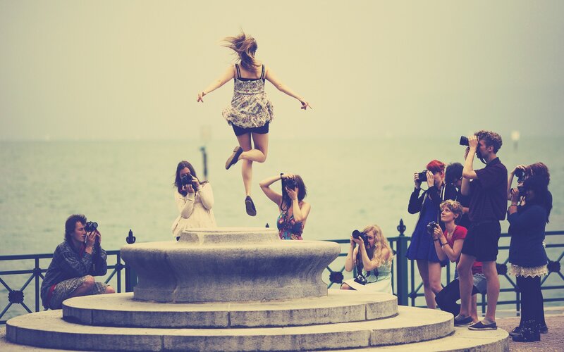 Woman Jumping on Fountain — Gray, Active