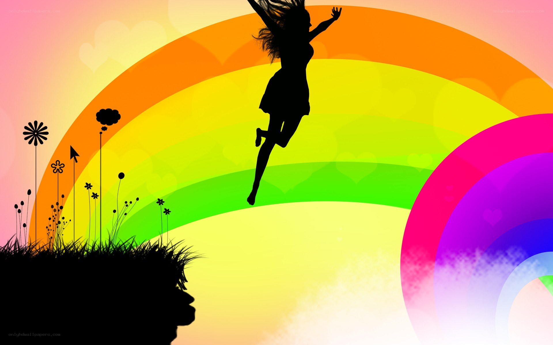 woman jumping over rainbow