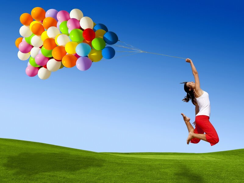 Woman Jumping with Balloons — Green