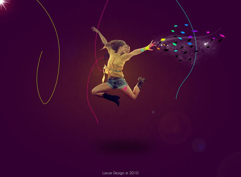 woman jumping with colorful effects