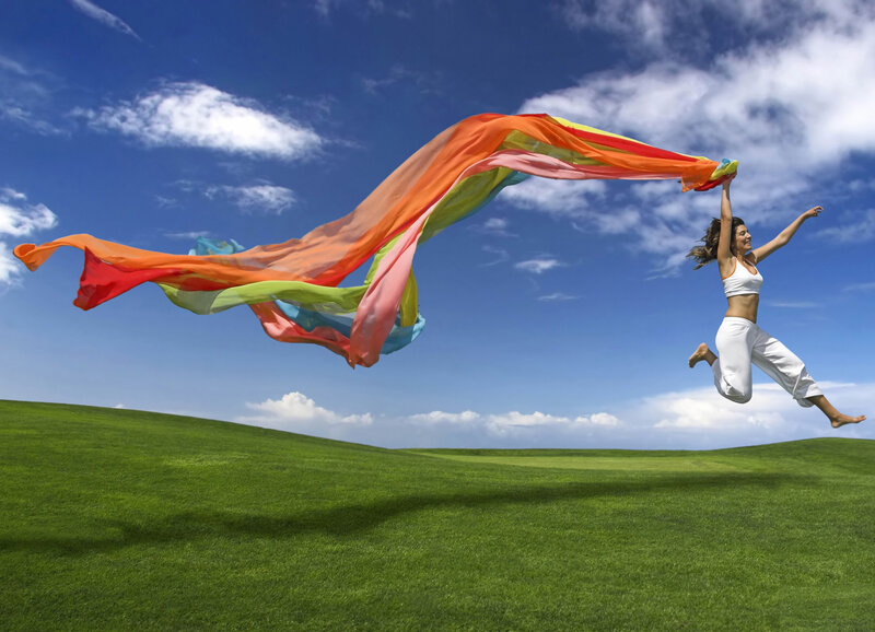 Woman Jumping with Scarf — Green, Joyful