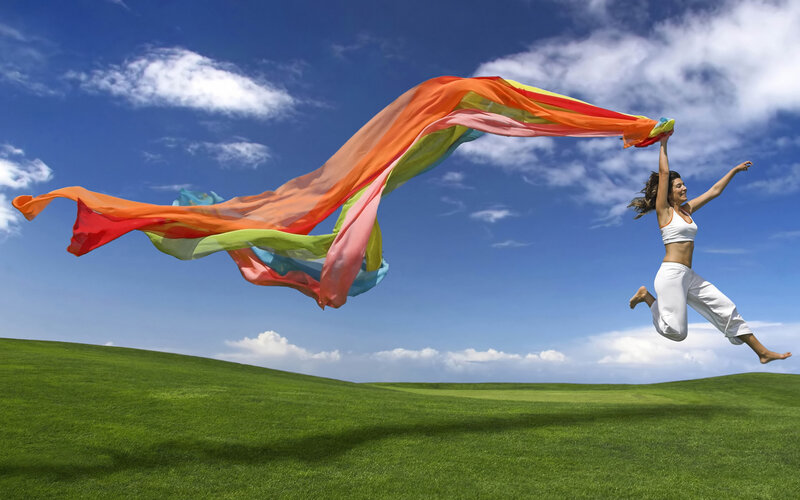 Woman Jumping with Scarf — Green