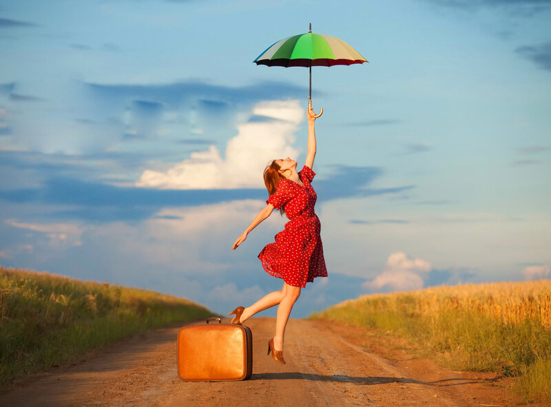 Woman Jumping with Umbrella — Red