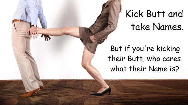 Woman Kicking Man — Brown, Humorous