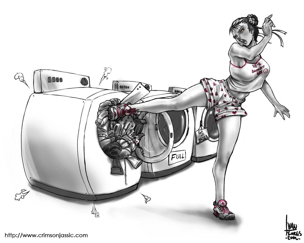 Woman kicks laundry machine