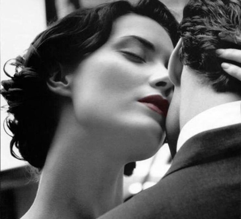Woman Kissing Man — Black, Intimate, Photograph