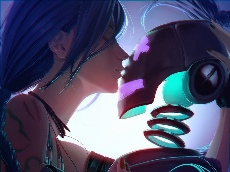 Woman Kissing Robot — Blue