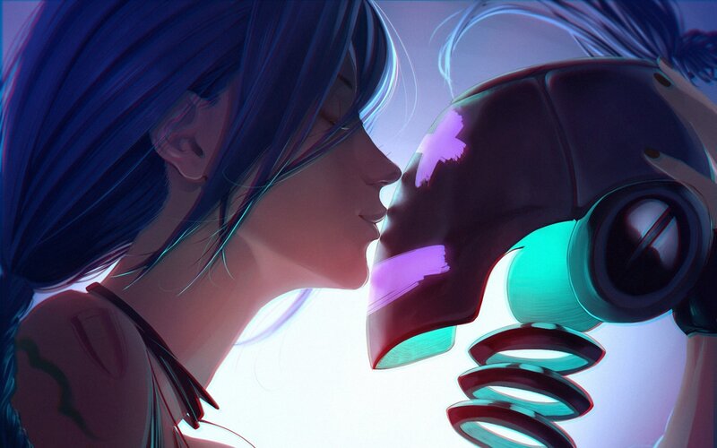 Woman Kissing Robot — Purple, Intimate, Digital Art