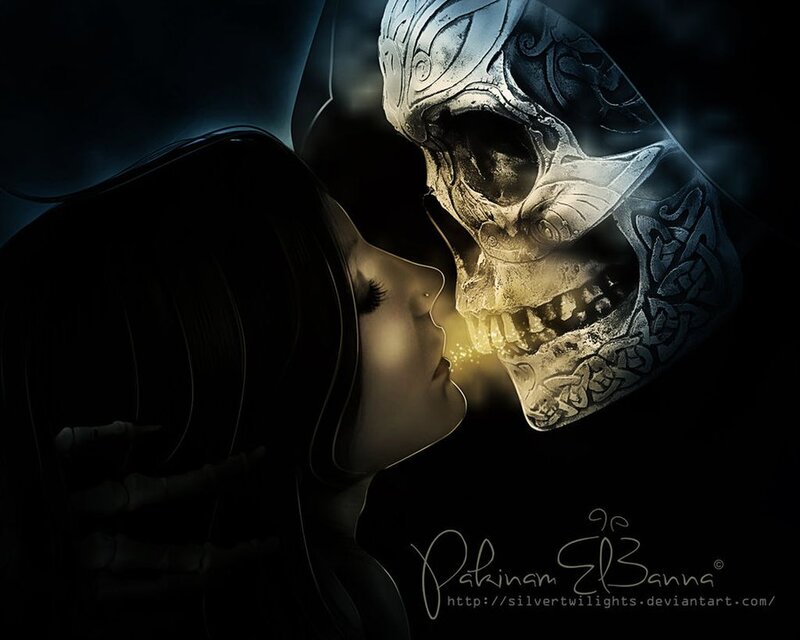 Woman Kissing Skull — Black, Dramatic