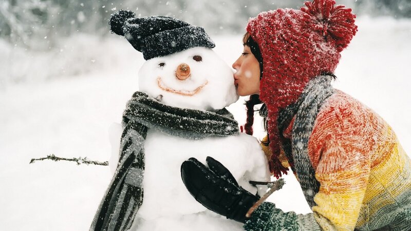Woman Kissing Snowman — White, Playful, Winter