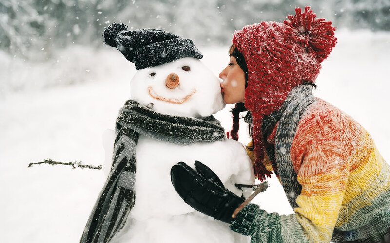 Woman Kissing Snowman — White
