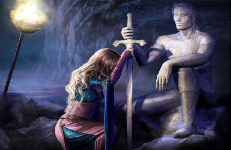Woman Kneeling Before Statue
