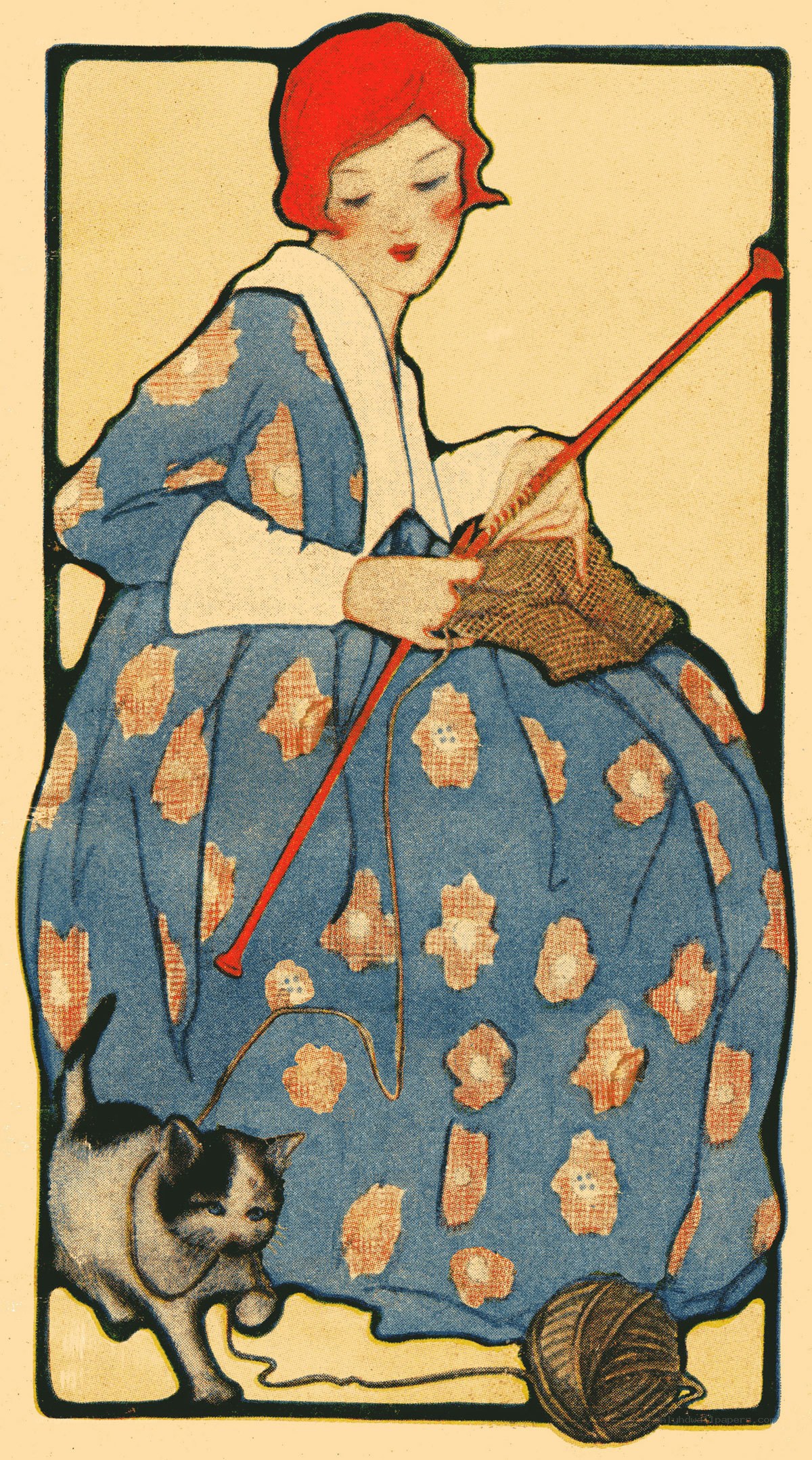 Woman knitting with a cat