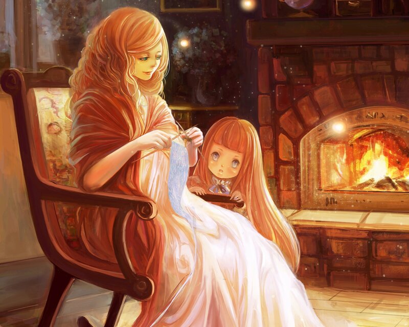 Woman Knitting with Child