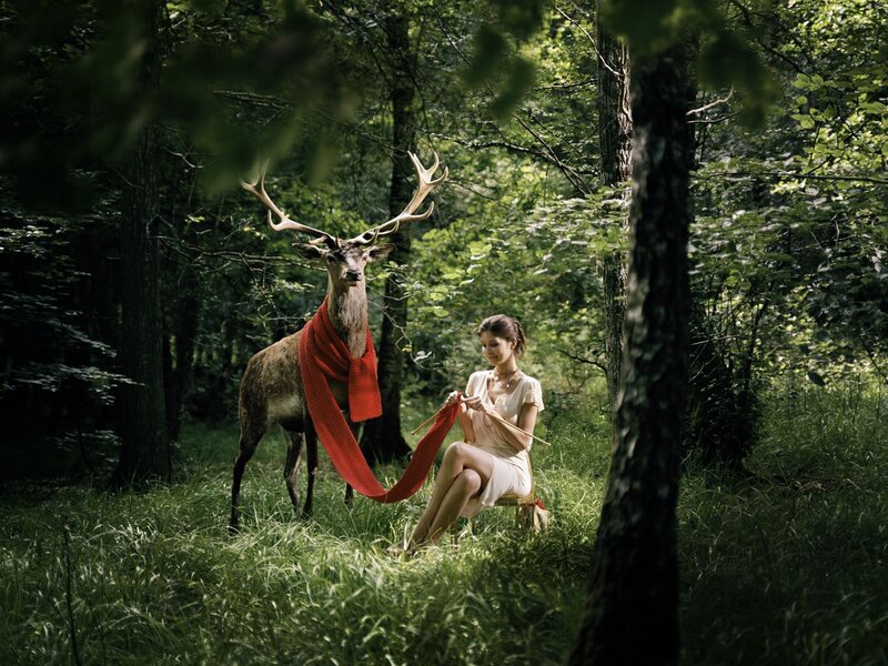 Woman Knitting with Deer