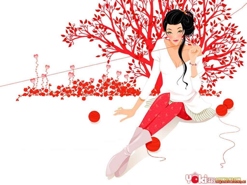 woman knitting with red tree
