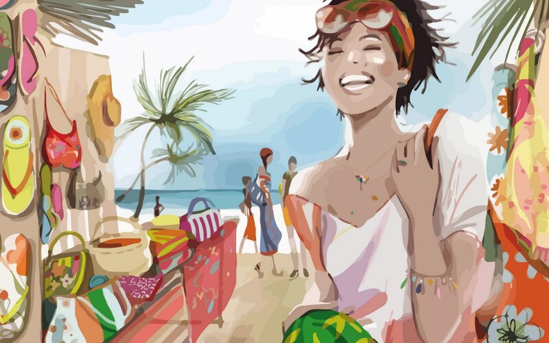 Woman laughing at beach market