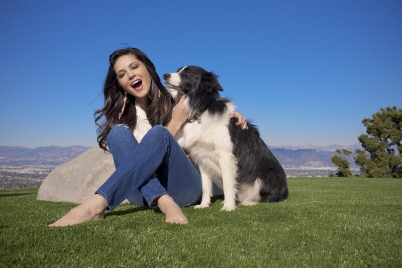 Woman laughing with dog on grass
