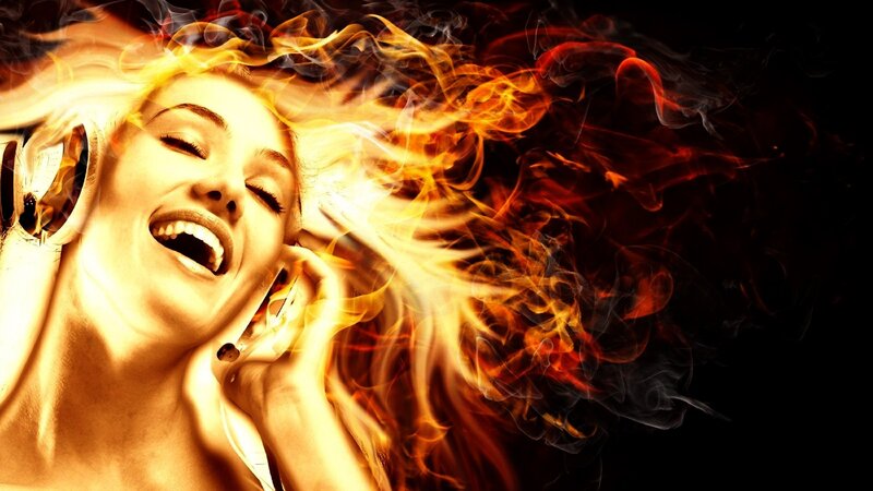 woman laughing with fire effect