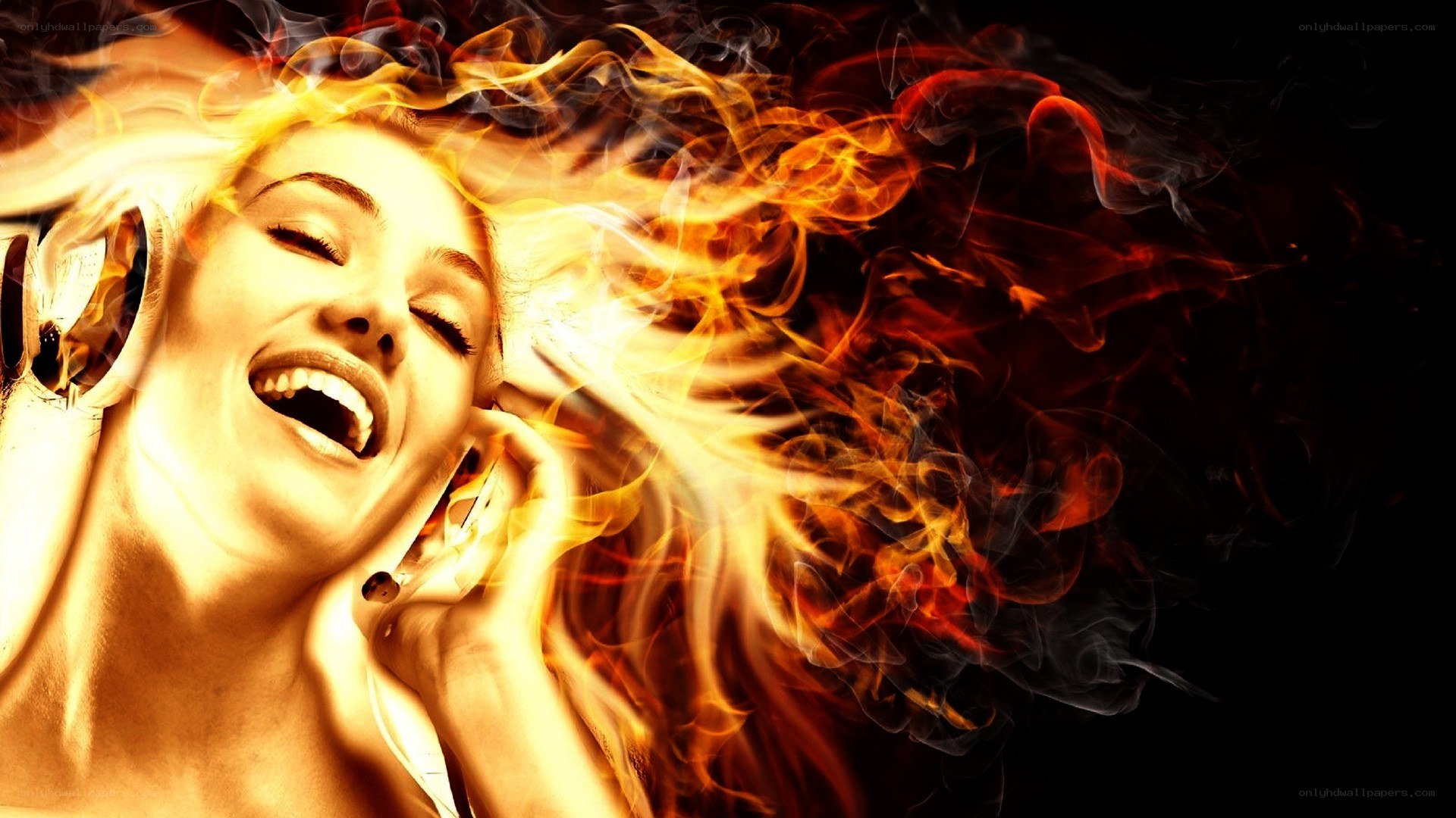 woman laughing with fire effect