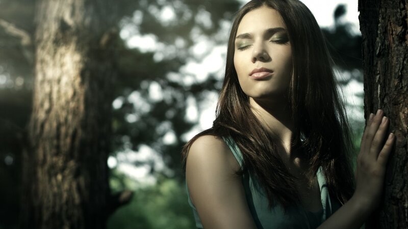 Woman Leaning Against Tree — Green, Serene