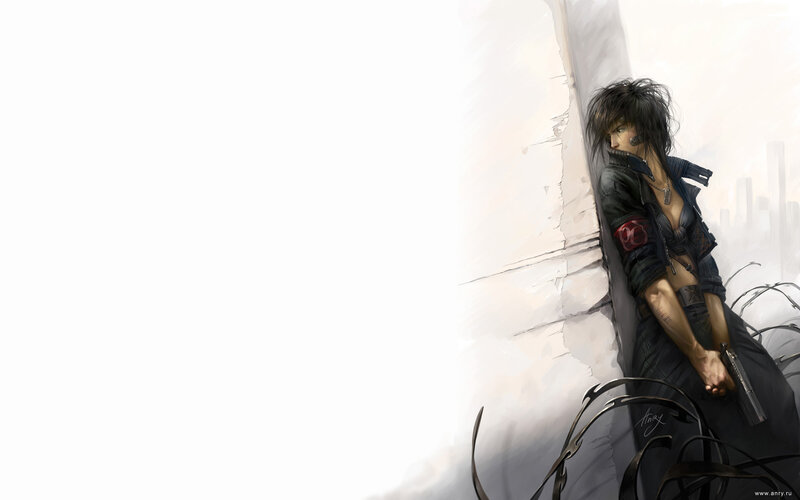 Woman Leaning Against Wall — Black, Dramatic, Digital Art