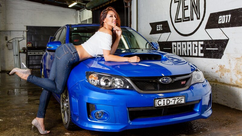 Woman Leaning on Blue Car — Confident, Photograph