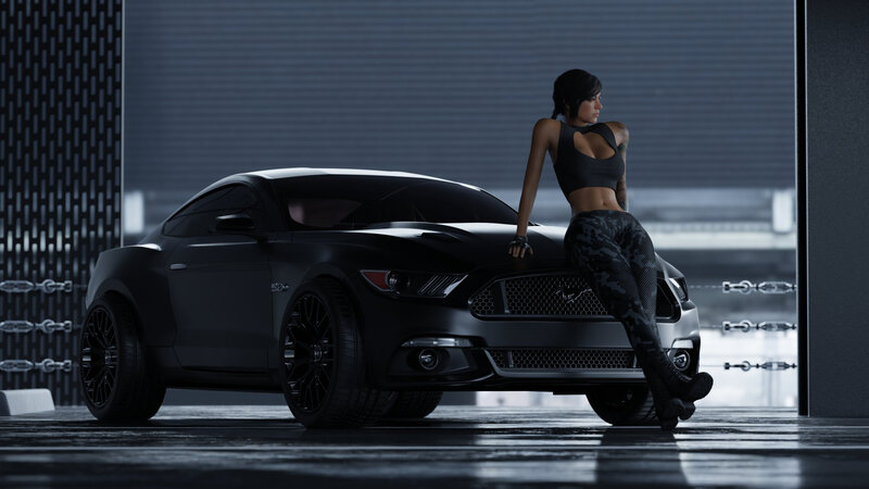 Woman Leaning on Car — Black, Dramatic, 3d Render