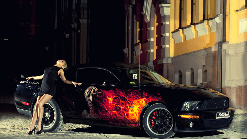 Woman Leaning on Car — Black, Dramatic, Night, Photograph, Building, Flames