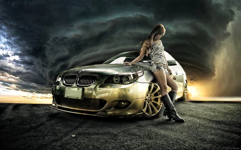 Woman Leaning on Car — Black, Dramatic, Sunset