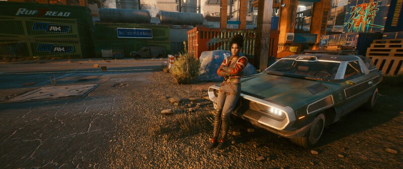 Woman Leaning on Car — Green, Dramatic