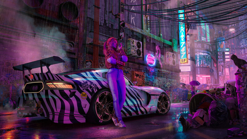 Woman Leaning on Car — Purple, Dramatic