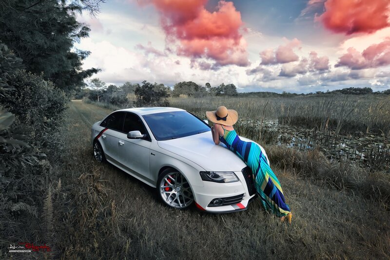 Woman Leaning on Car — White, Dramatic, Sunset, Photograph