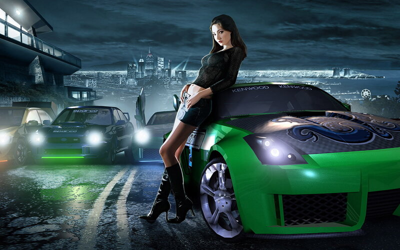 Woman Leaning on Green Car — Dramatic