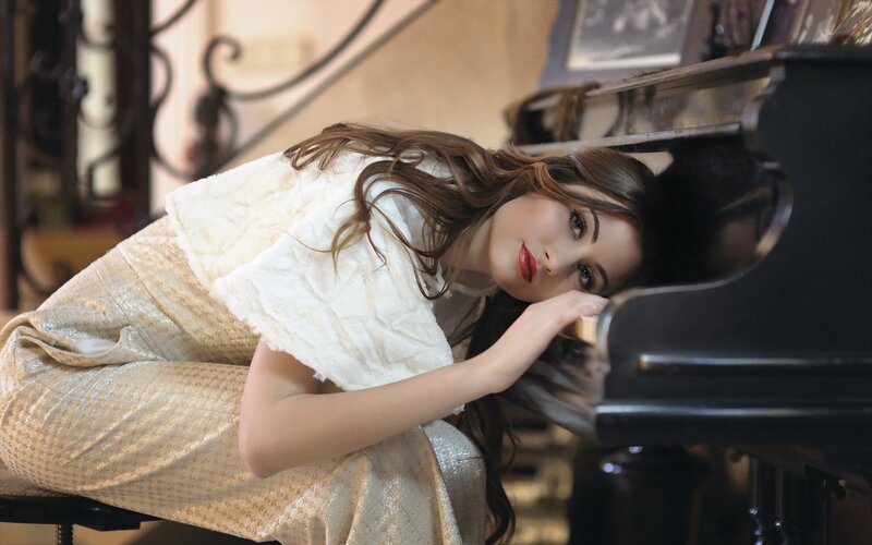 Woman Leaning on Piano — White, Dramatic