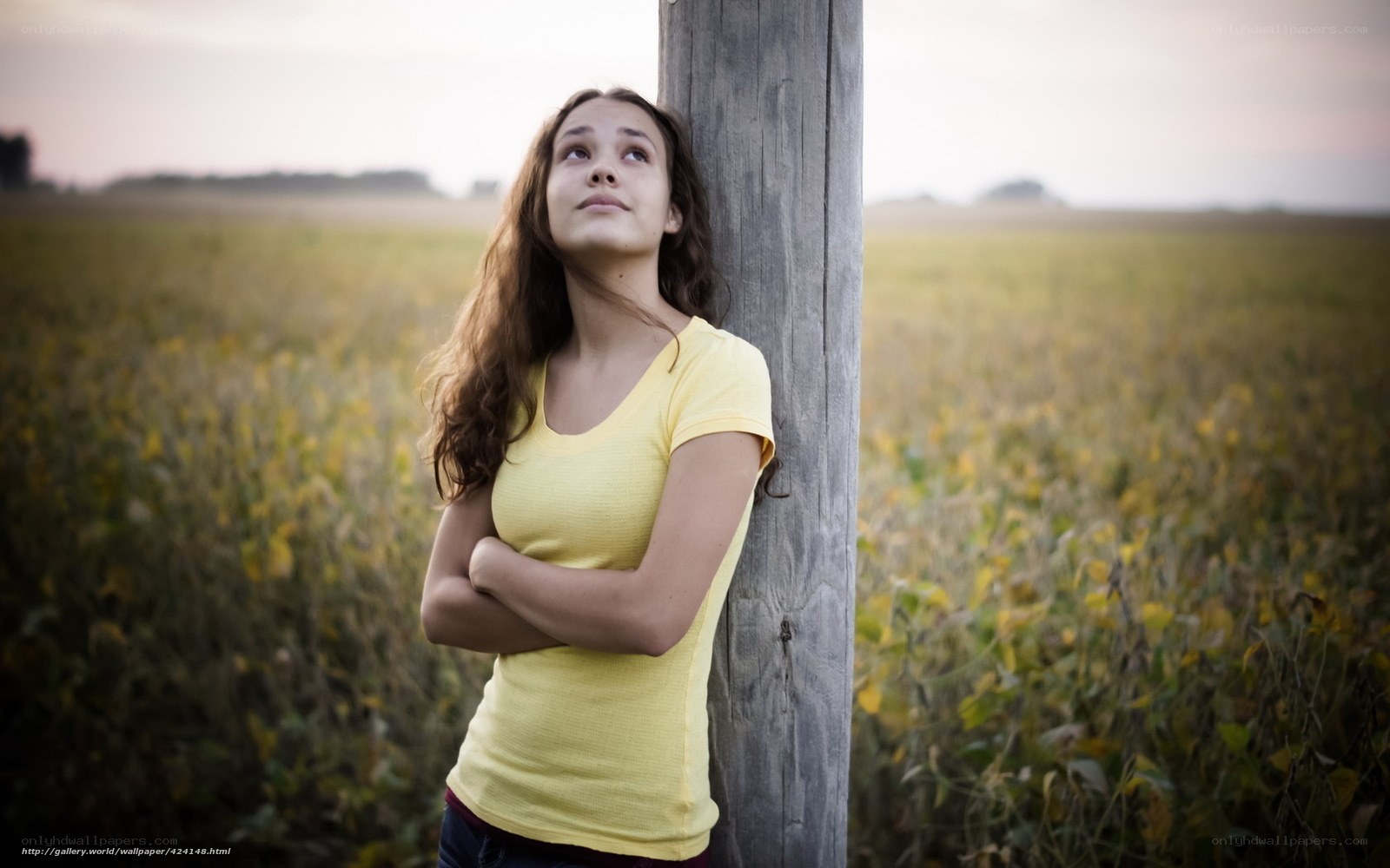 woman leaning on post in field