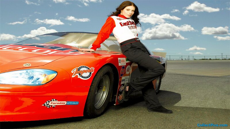 Woman Leaning on Race Car — Red