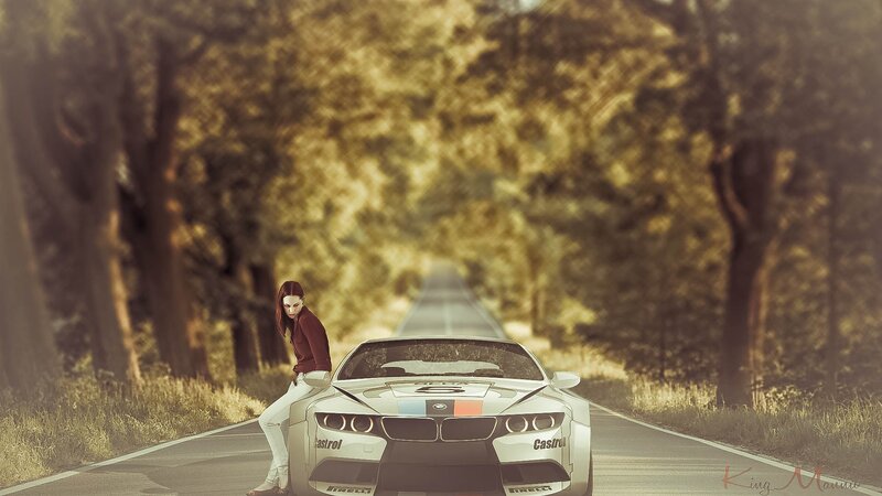 Woman Leaning on Race Car — White, Dramatic, Afternoon