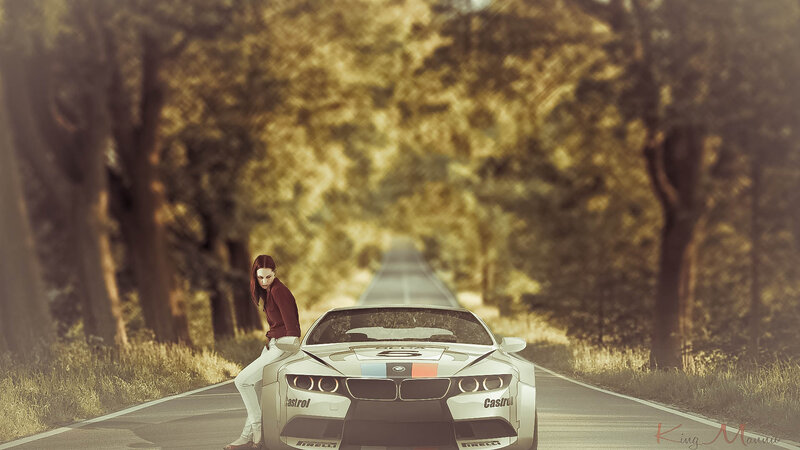 Woman Leaning on Race Car — White, Dramatic