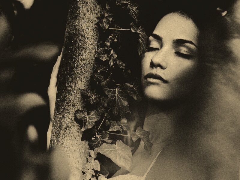 Woman Leaning on Tree — Black, Serene