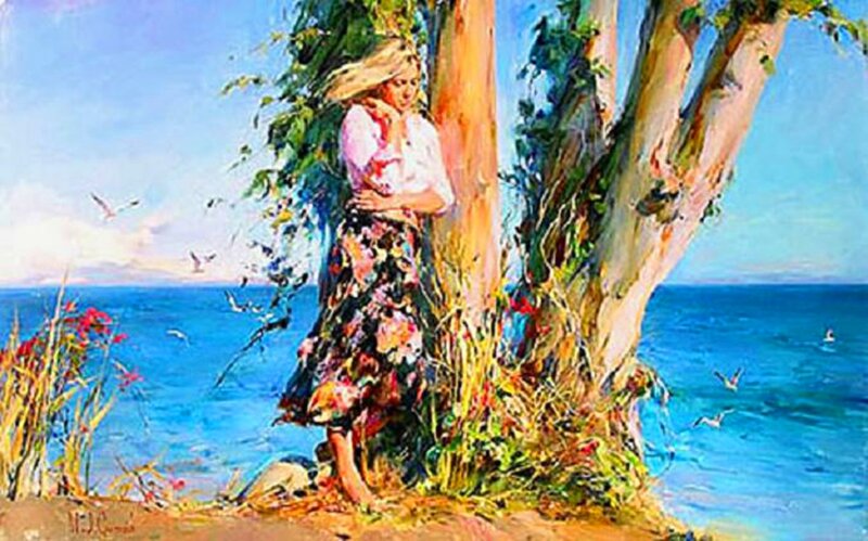 Woman Leaning on Tree — Blue, Serene