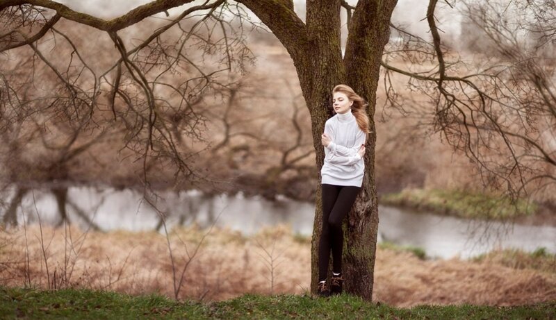 Woman Leaning on Tree — Brown, Calm, Autumn