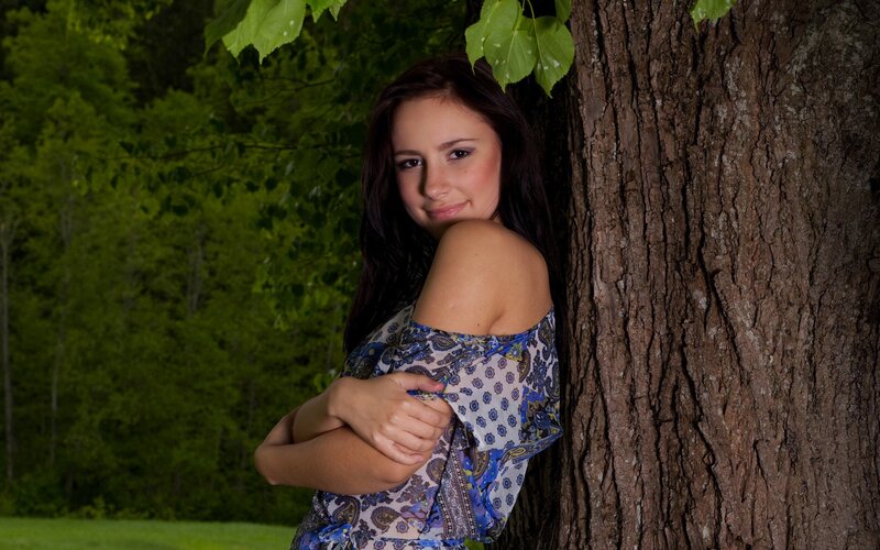 Woman Leaning on Tree — Green, Serene, Afternoon, Photograph, Forest, Dress