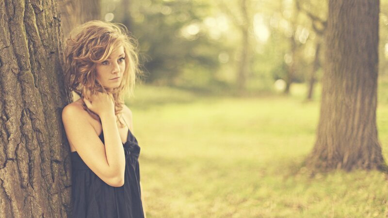 Woman Leaning on Tree — Green, Serene, Afternoon, Photograph, Grass, Forest