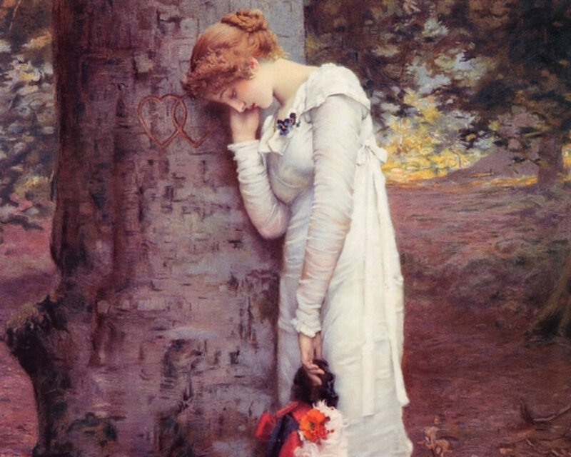 Woman Leaning on Tree — White, Melancholic