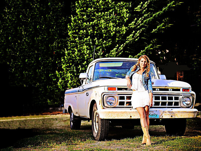 Woman Leaning on Truck — Green, Dramatic