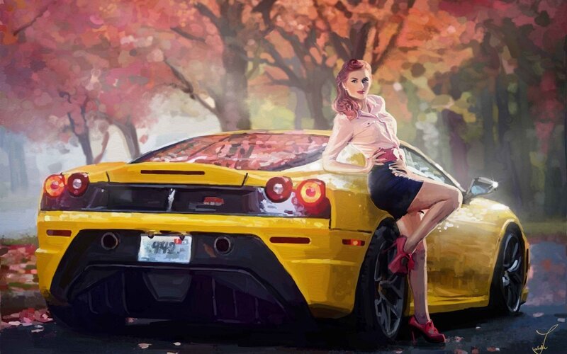 Woman Leaning on Yellow Car — Dramatic, Autumn