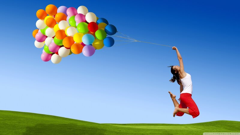 Woman Lifted by Balloons — Blue