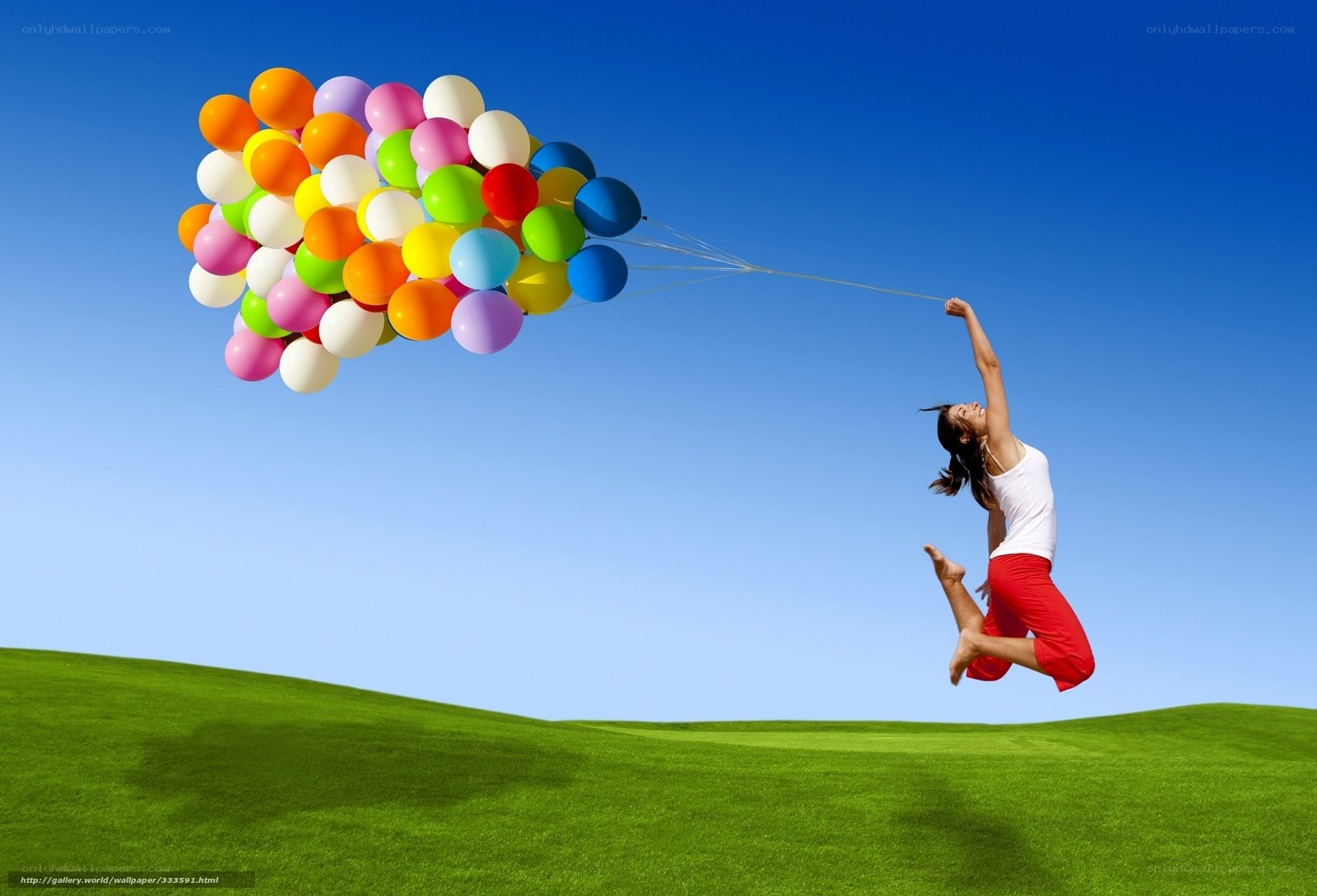 woman lifted by balloons